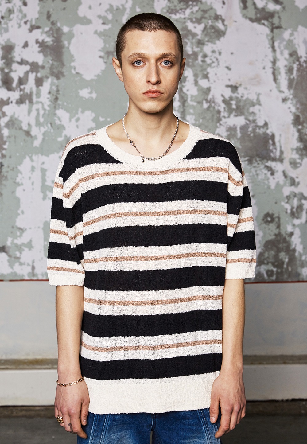Stripe over fit knit half sleeve - BLACK