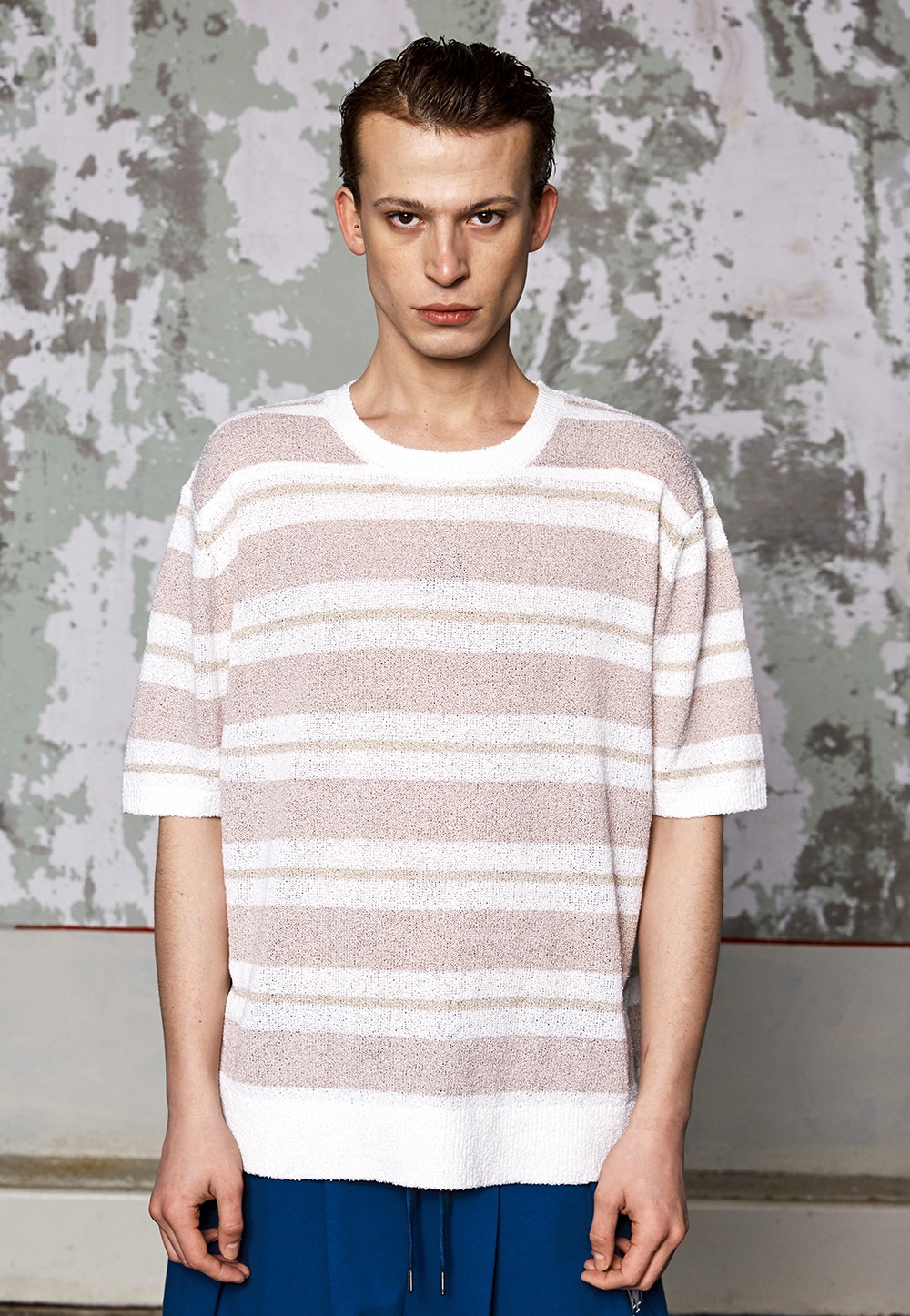 Stripe over fit knit half sleeve - DUSTY PINK