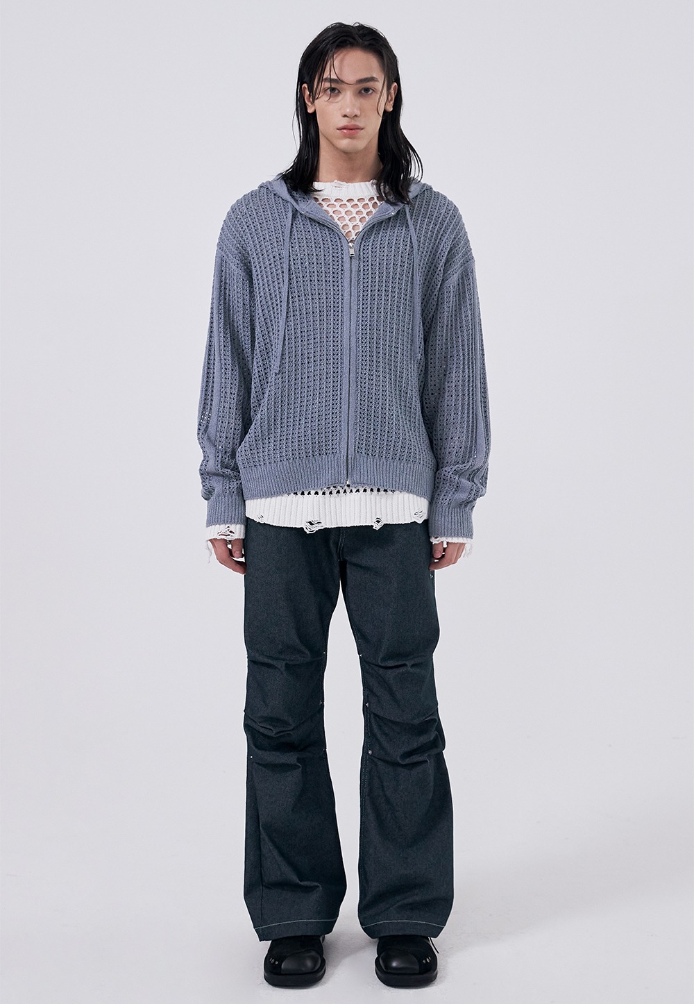 Scassi knit hood zip-up - DARK BLUE